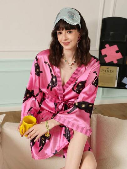 Chillnights Young Colorblock Moon, Cat, Star Print Satin Robe For Women