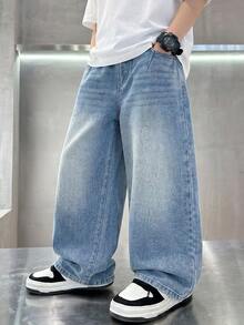 SHEIN Quần jeans ống rộng dáng suông cho bé trai, chất liệu denim mài, kiểu dáng thoải mái, cạp chun, phù hợp cho kỳ nghỉ, lễ hội âm nhạc, trường học, đi làm, dự tiệc và các dịp khác. - Rửa trung bình - Xem 3