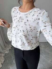 SHEIN Elenzya 新款春夏荷叶边碎花长袖宽松圆领衬衫 - 白色 - 查看 3