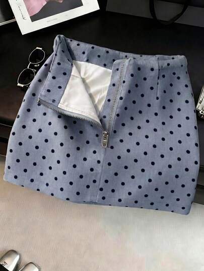 SHEIN Falda estilo coreano de cintura baja y línea A, nueva y elegante, con estampado de lunares y cremallera, adecuada para vacaciones, salidas, Y2K, primavera, verano, vuelta al colegio, casual, playa, negocios, versátil, falda gris para mujer, Bottom con lunares para mujer