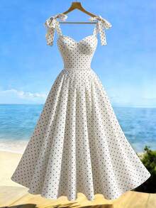 GlowEve Polka Dot Digital Print Twist Front Sleeveless Dress - Black and White - View 7