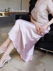 Nuevo 2026  Falda elástica de cintura alta de unicolor elegante para mujer, primavera/verano - Rosa - Ver 3