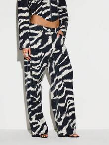 KIZN Wide Leg High Rise Zebra Print Denim Jeans With Flared Palazzo Style Silhouette Animal Print Statement Piece Fall Winter Fashion - Multicolor - View 5