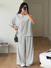 Coolane Women's Plus Size Summer Streetwear Basic Daily Wear Going Out Comfy White Stripes Off Shoulder T-Shirt And Wide Leg Sweatpants Two Pieces Outfits - Black and White - View 2