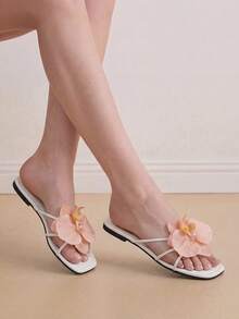 Eladyva Damen Französische Blumen-Riemen Flache Slides, modische Sommer Outdoor Pantoletten geeignet für Date, Einkaufen, Party, Strandoutfits, Zehentrenner - Braun - Übersicht 5