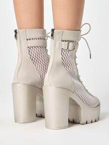 ROMWE Fairycore Women Heeled Sandals~ 2026 New Fashion Spring And Autumn Jazz Dance High Heels Peep Toe Sandals Women Thick Heel Hollow Ankle Boots Lace Up Thick Heel Dance Cool Boots Women Y2K - Khaki - View 5