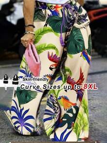 SHEIN CURVE+ Quần nữ dáng suông dài, cỡ US22, thích hợp cho lễ hội âm nhạc, kỳ nghỉ bên bờ biển, phong cách bohemian. Mẫu quần nữ mùa xuân/hè 2026 mới, họa tiết nhiều màu sắc, in hình, dáng rộng và dài hơn bình thường. - Nhiều màu - Xem 1
