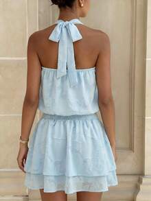 Vestido corto  con cuello hueco, aberturas y dobladillo con volantes tejidos - Azul - Ver 2