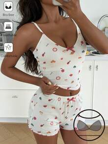 DAZY Women's Comfortable Vegetable Print Camisole And Shorts Pajama Set, Summer - White - View 5