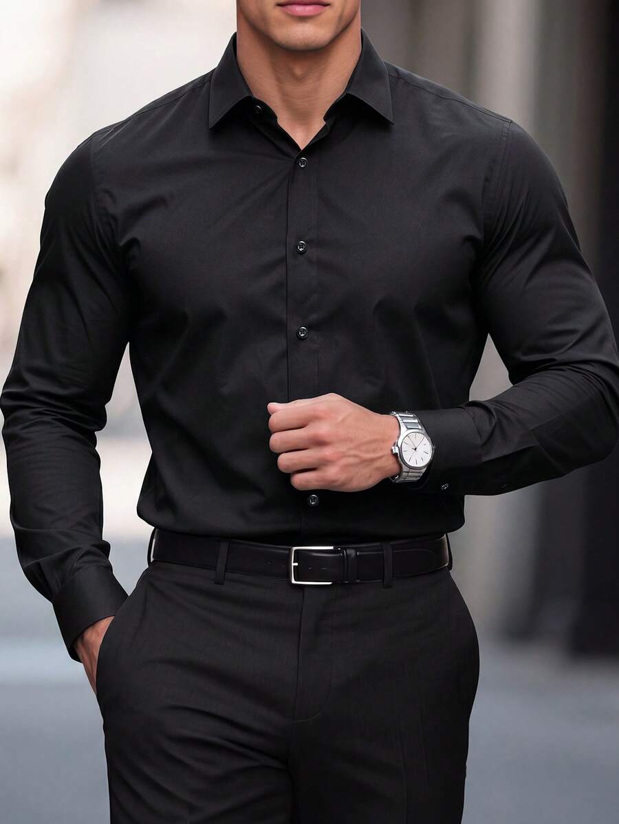 Manfinity Mode Camisa formal de manga larga casual de un solo pecho de unicolor para hombres, ceremonia - Negro - Ver 1
