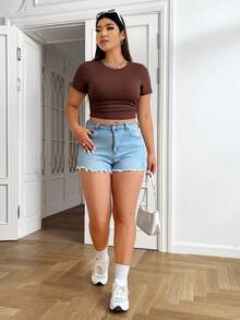 SHEIN EZwear 加大码纯色圆领休闲短款婴儿T恤，棕色 - 棕色 - 查看 3