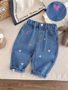 SHEIN LMoss Kids Quần jean denim dáng rộng cho bé gái, có thêu hình trái tim và túi quần. - Rửa trung bình - Xem 9
