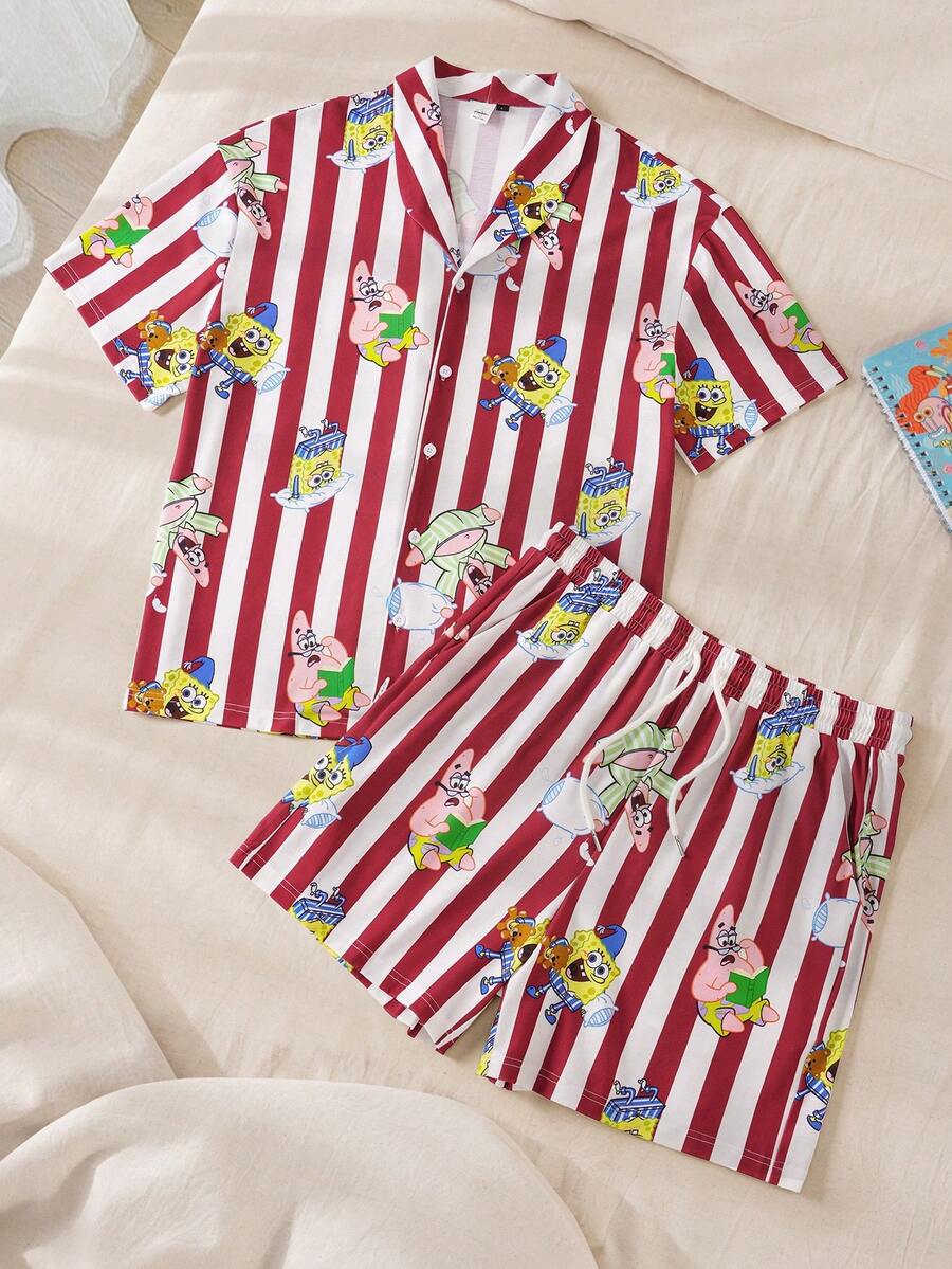 SpongeBob SquarePants | SHEIN 男士多功能条纹撞色单排扣短袖上衣和抽绳腰带口袋长裤睡衣套装, - 紅白色 - 查看 1