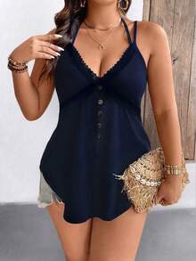 EMERY ROSE Plus Size Solid Color Lace Trim Casual Backless Camisole - Navy Blue - View 5