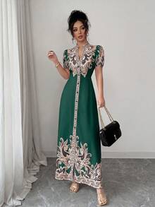 Vestido elegante de línea A con estampado digital de retazos, cuello en V profundo y cintura ceñida, color albaricoque, adecuado para cenas formales, citas y bodas de mujeres (estampado de colocación) - Verde Oscuro - Ver 6