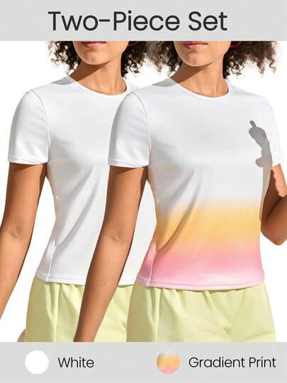  Exploreva 2pcs Women's Multi-Color Gradient Print Crew Neck Short-Sleeve Outdoor T-Shirt, Hiking & Camping Activewear Top