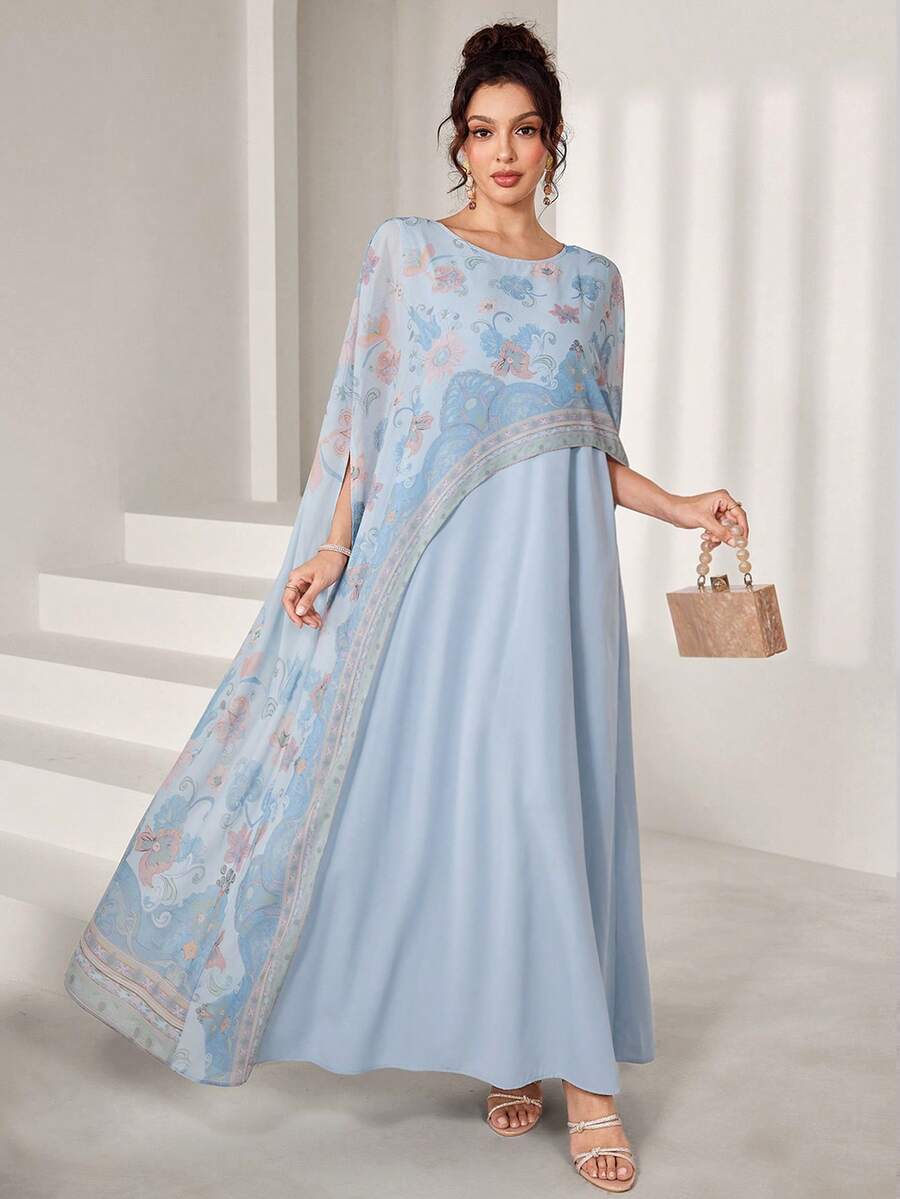 SHEIN Najma Đầm dài dáng xòe cổ tròn, chất liệu chiffon in họa tiết thanh lịch, kiểu dáng truyền thống Thổ Nhĩ Kỳ và Ả Rập dành cho phụ nữ. - Màu xanh lam - Xem 1