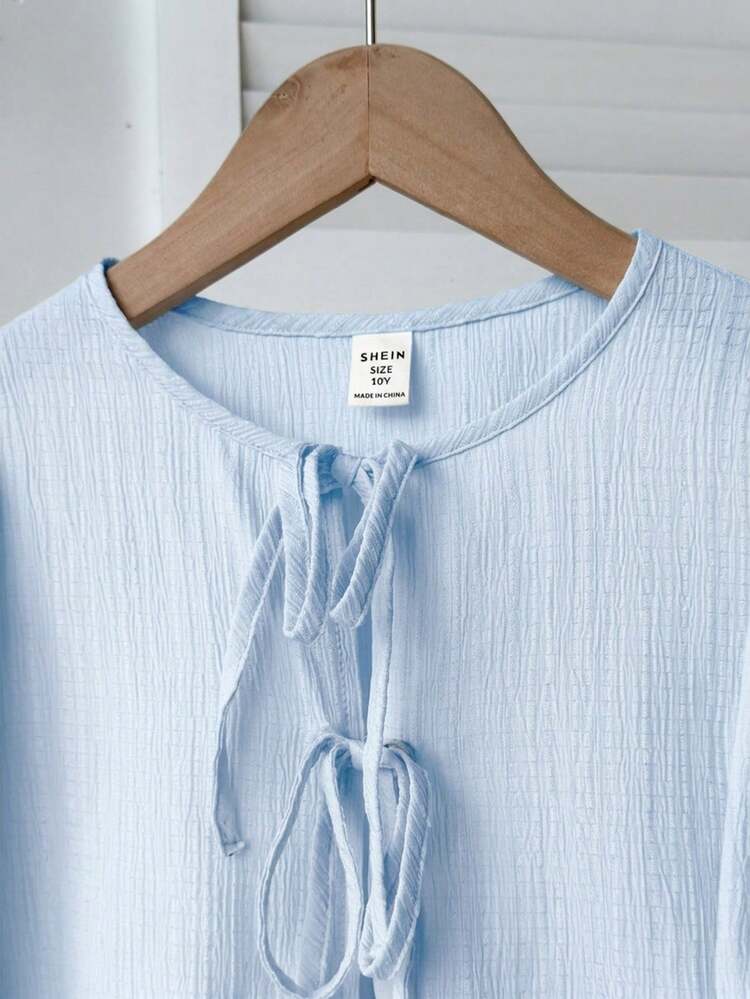 SHEIN Tween Girl Casual Minimalist Comfortable Round Neck Long Sleeve Bow Tie Textured Fabric Shirt, Back To School Season - Blue - View 3