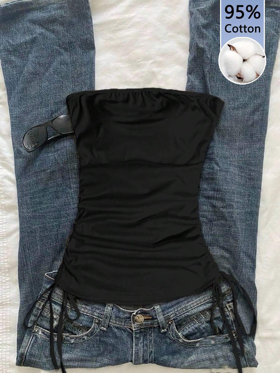 Attitoon 女士休闲抽绳紧身上衣，95%棉，女士夏季服装，复古款 - 黑色 - 查看 1
