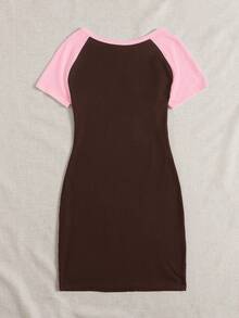 SHEIN EZwear Vestido ajustado de manga corta con contraste de color para tallas grandes - Marrón Chocolate - Ver 2