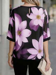 EMERY ROSE Women's Elegant Floral Print Round Neck Blouse, Summer - Purple - View 2