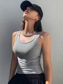 DAZY Solid Scoop Neck Tank Top Y2k - Grey - View 6