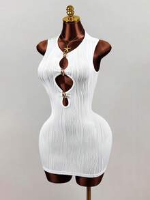 Mistrie Elegant Sexy Fashion Hollow Textured White Mini Sleeveless Dress Metal Decor Button Summer Techno Club Night Out Rave Suitable For Party Vacation - White - View 5