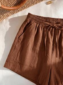 SHEIN EZwear Coffee Brown Woven Sporty Shorts For Women - Coffee Brown - View 4