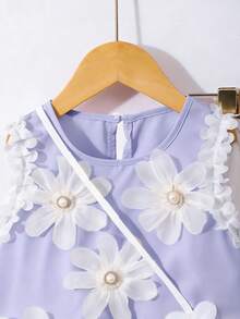 Summer 7th Birthday Toddler Girls' 2pcs/Set Sleeveless Tank Top With Ruffle Trim & Floral Decor,White Wide Leg Pleated Pants Loose Clothing Sets - Purple - View 3