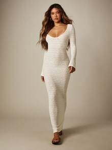 MISSGUIDED Long Sleeve Knitted Lace Texture Bodycon Maxi Dress With Boat Neck And Bell Cuffs Evening Style - Apricot - View 1