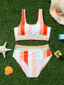 Tween Girl Colorblock Tape Detail Bikini Set Summer Beach - Orange - View 1