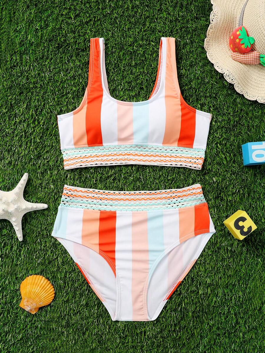 Tween Girl Colorblock Tape Detail Bikini Set Summer Beach - Orange - View 1