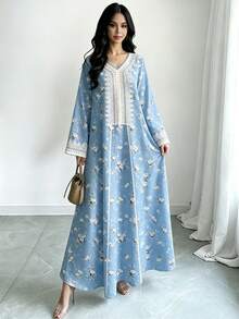 SHEIN Najma 碎花V领长袖连衣裙，女士优雅碎花长裙，春夏长裙，阿拉伯风格女装 - 彩色 - 查看 4