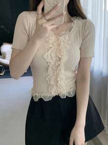 DAZY Áo khoác cardigan tay ngắn viền ren thanh lịch dành cho nữ - Màu be - Xem 3