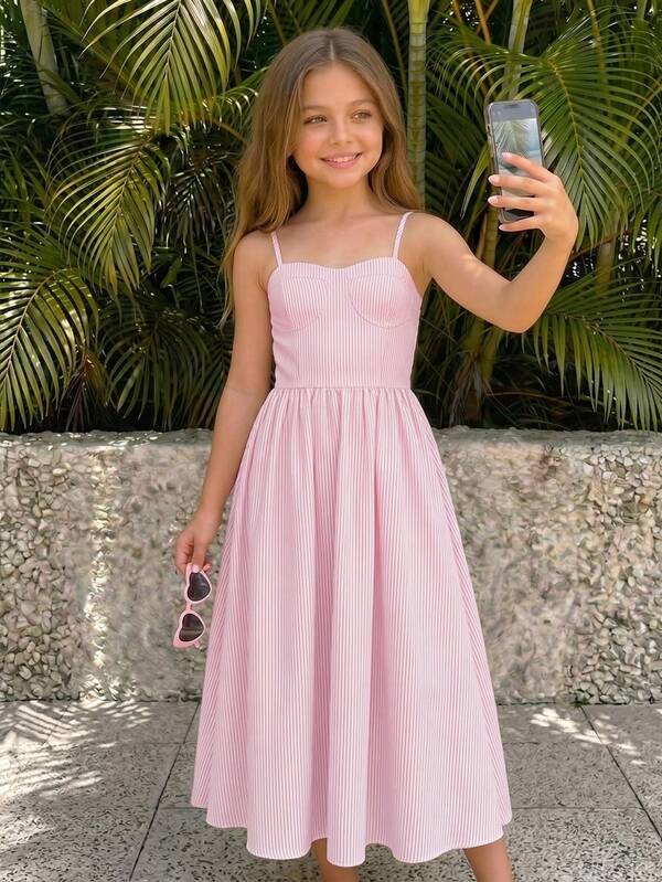 SHEIN Tween Girls' Summer Casual Vacation Pink Striped Spaghetti Strap Mid-Length Dress