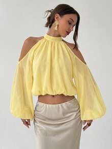 Aloruh Top corto de hombros descubiertos de unicolor elegante - Amarillo - Ver 5