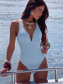 Swim Basics 女士纯色V领休闲度假沙滩泳池连体泳衣 - 藍色 - 查看 1