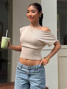 Muchica Women's Solid Color Off-Shoulder Casual Versatile Knit Top For Daily Wear Everyday Khaki Green Autumn - Khaki - View 3