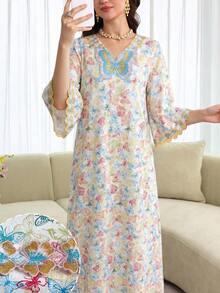 Yasmyna Elegant Jacquard Print V-Neck Loose Fit Flared Long Sleeve Formal Dress For Women - Multicolor - View 5