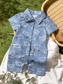 SHEIN Vintaside Kids 男婴卡通熊印花短袖休闲连体衣 - 藍色 - View 6