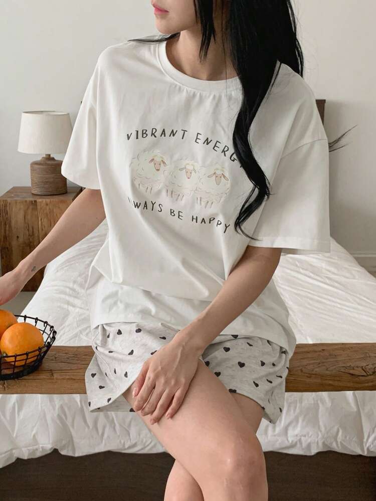 Women's Letter Print Short Sleeve Top And Shorts Pajama Set