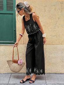 SHEIN Frenchy Bộ đồ 2 món dành cho nữ, thích hợp cho kỳ nghỉ, thêu hoa, gồm áo tank top và quần dài. - màu đen - Xem 4