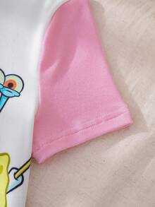 SpongeBob SquarePants | SHEIN 2pcs Themed Round Neck Short Sleeve Top And Pants Pajama Set For Young Girls - Pink - View 4