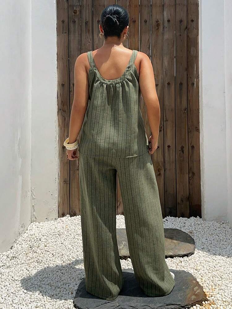 Dazy Plus Minimalist Striped Sleeveless Casual Loose Camisole Top And Long Pants Plus Size Women Spring/Summer Green Pajama Set
