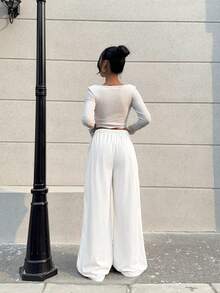 SHEIN EZwear 大码女式白色阔腿宽松休闲裤 - 白色 - 查看 2