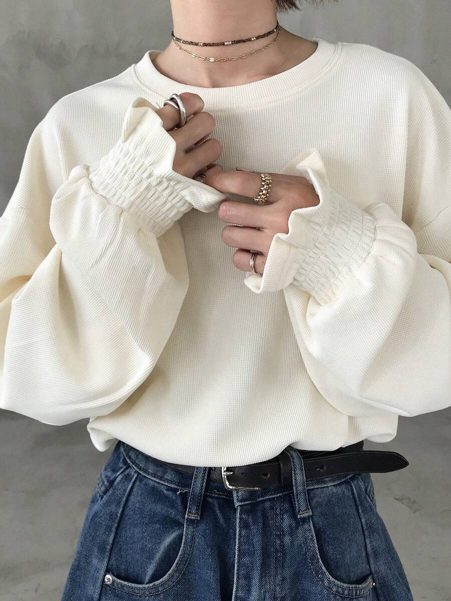 FRIFUL Women's Solid Color Round Neck Drop Shoulder Long Sleeve Casual T-Shirt - Apricot - View 1