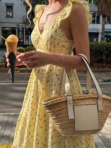 Modelyn Vestido Curto Feminino com Decote em V, Alça Franzida, Bainha em A, Costas Abertas e Amarração na Cintura - Amarelo - Visão 7
