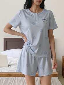 DAZY Women Bear & Floral Print Top And Shorts Pajama Set Summer - Blue - View 3