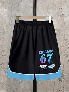 Bộ 2 món cho bé trai, gồm áo thun ngắn tay và quần short in họa tiết Chicago phối màu gradient, kiểu dáng thể thao thường ngày, thích hợp cho mùa xuân/hè. - Nhiều màu - Xem 3
