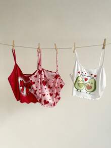 Slumberry CURVE 3pcs/Set Cute Avocado Heart Bow Print Camisole Plus Size Women Sleepwear Top - Multicolor - View 3